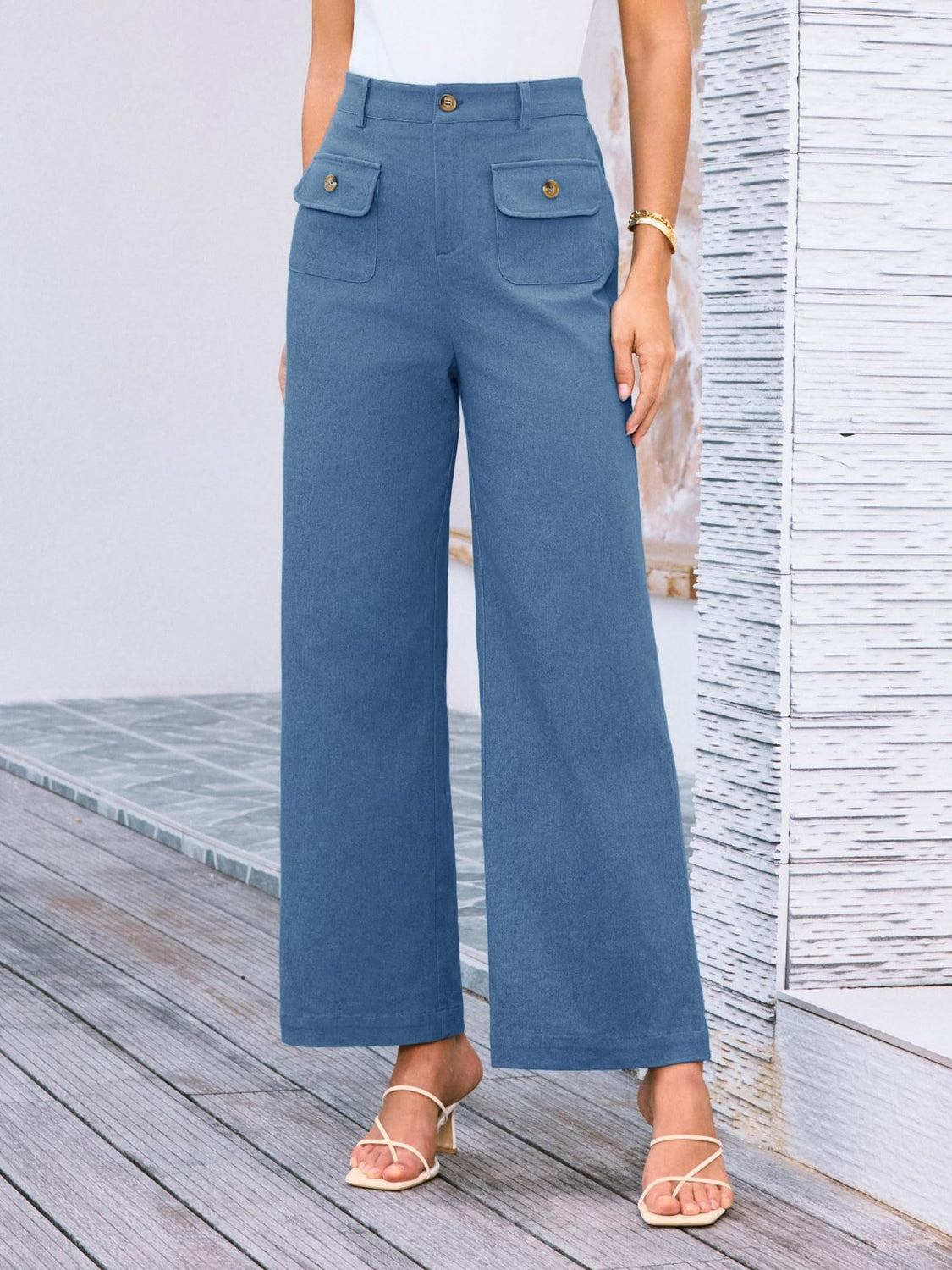 High waist wide leg pants with pockets, opaque.