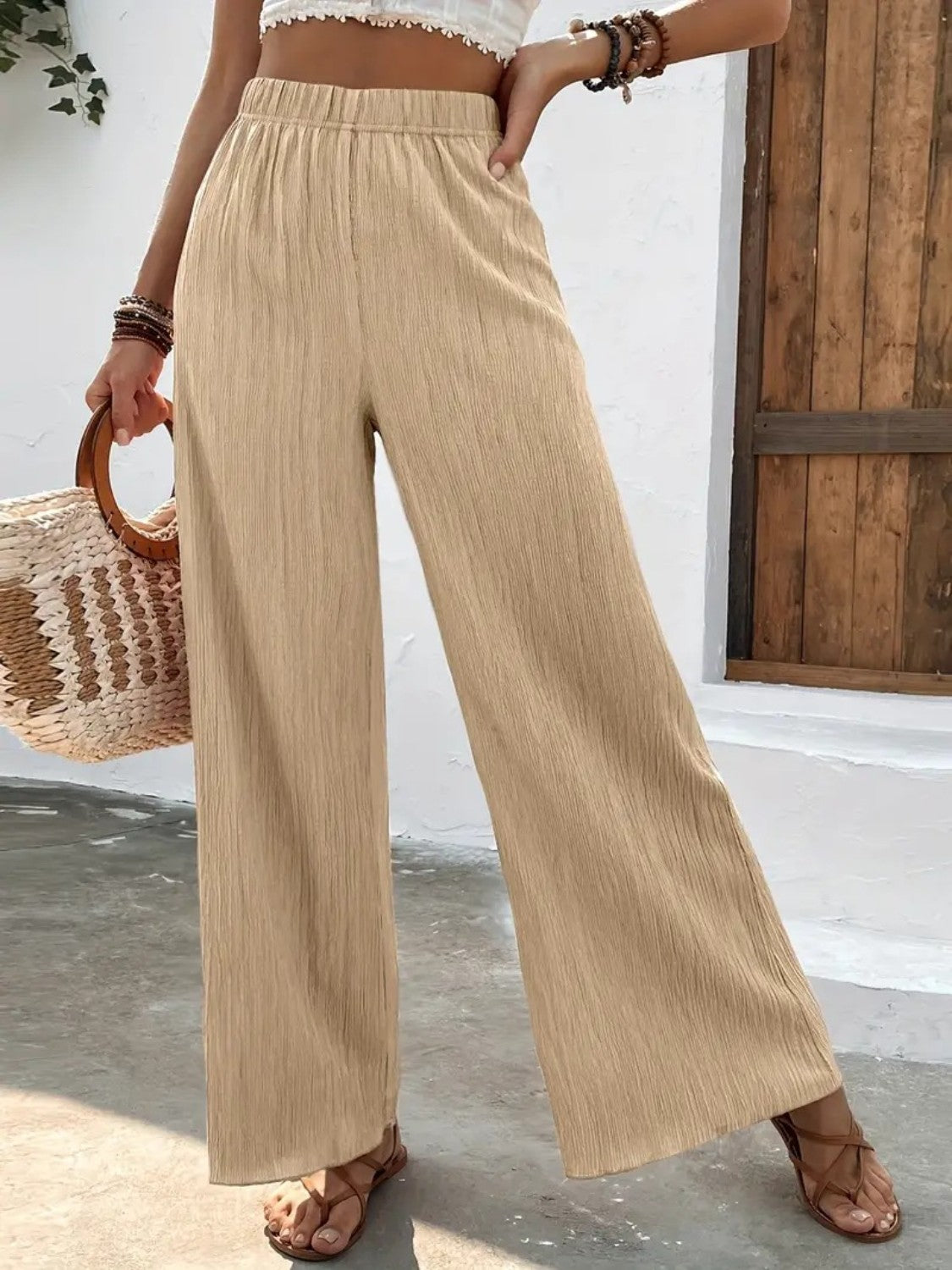 Full size high waist wide leg pants, opaque.