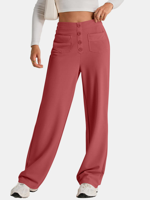 High waist wide leg pants with pockets, opaque.