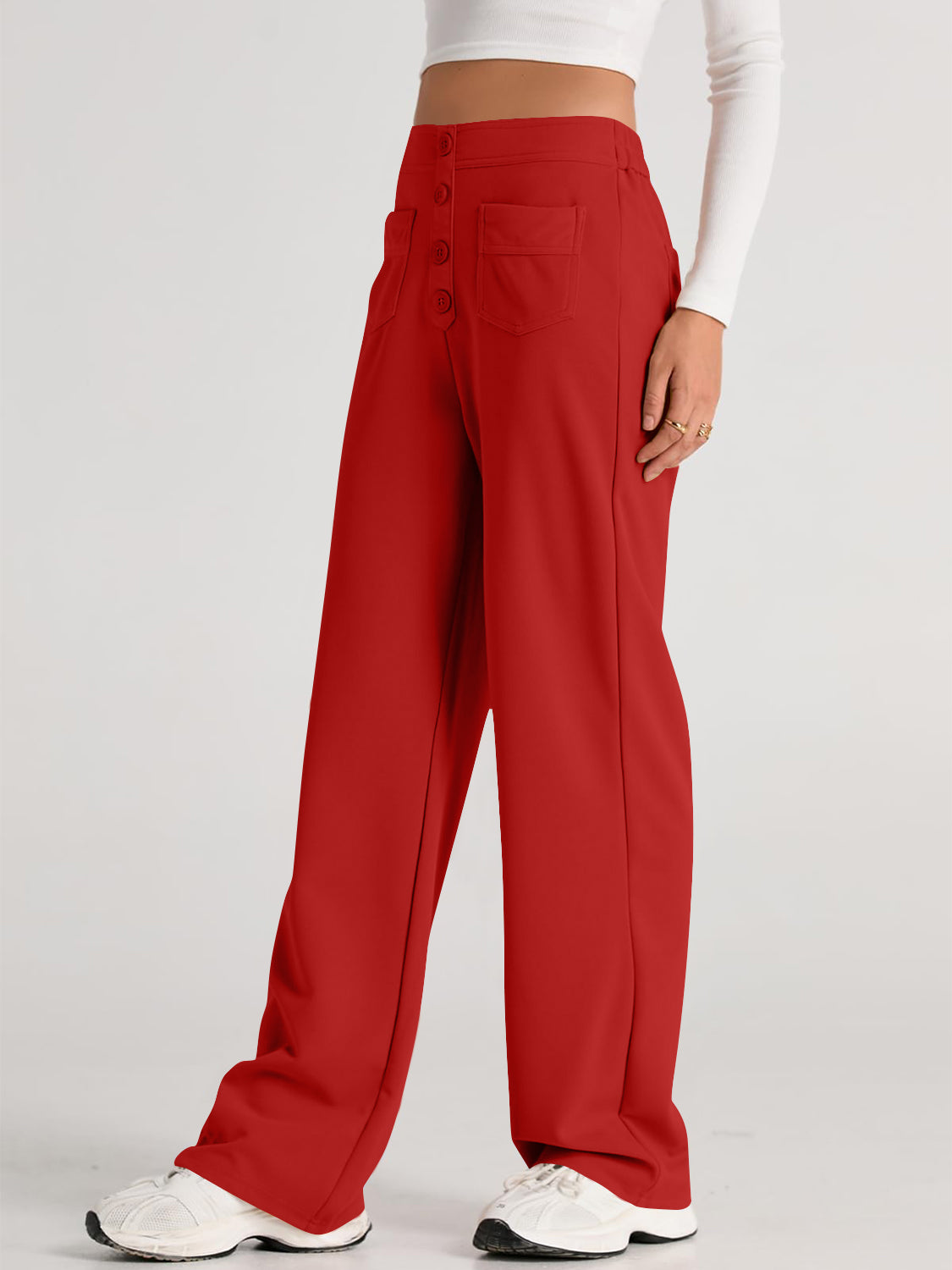 High waist wide leg pants with pockets, opaque.