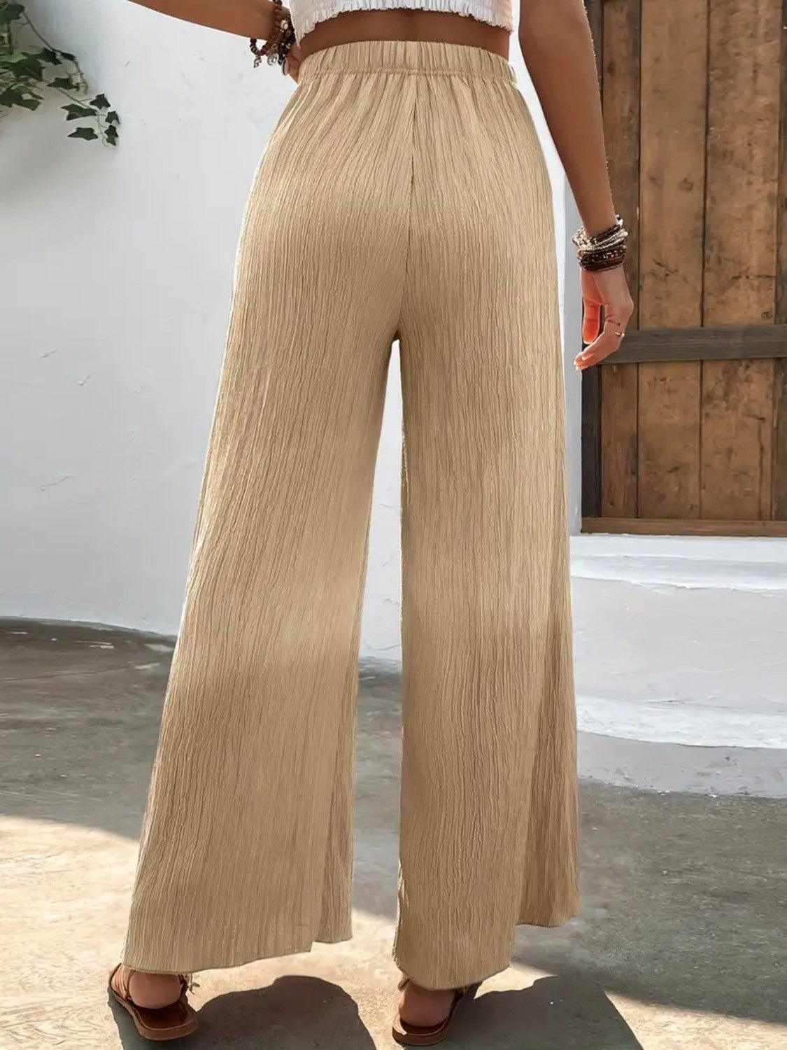 Full size high waist wide leg pants, opaque.