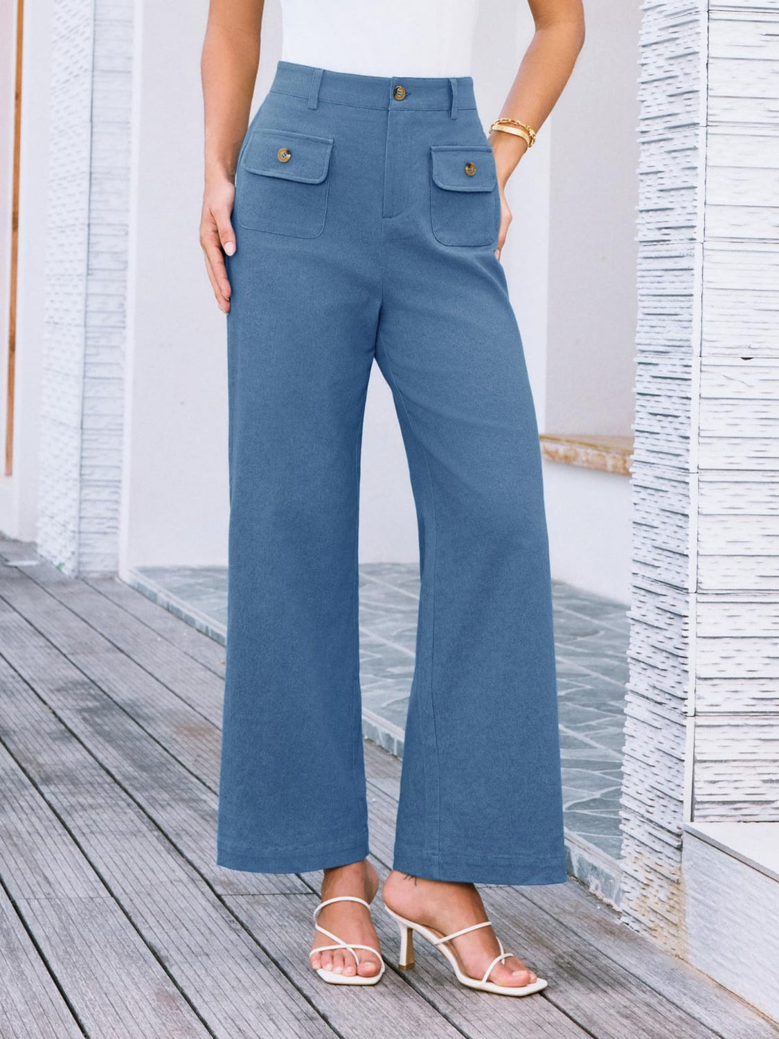 High waist wide leg pants with pockets, opaque.