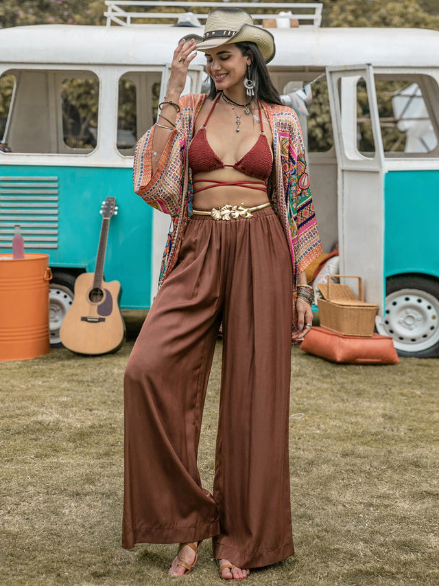 High waist wide leg pants, opaque.