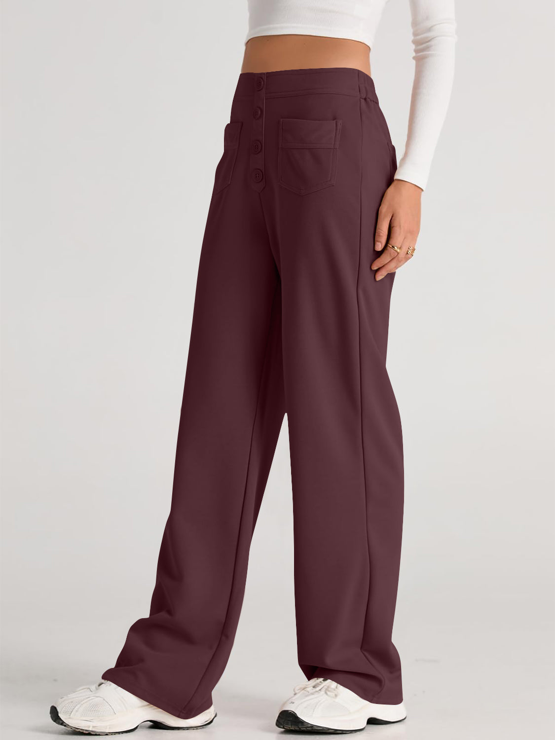 High waist wide leg pants with pockets, opaque.