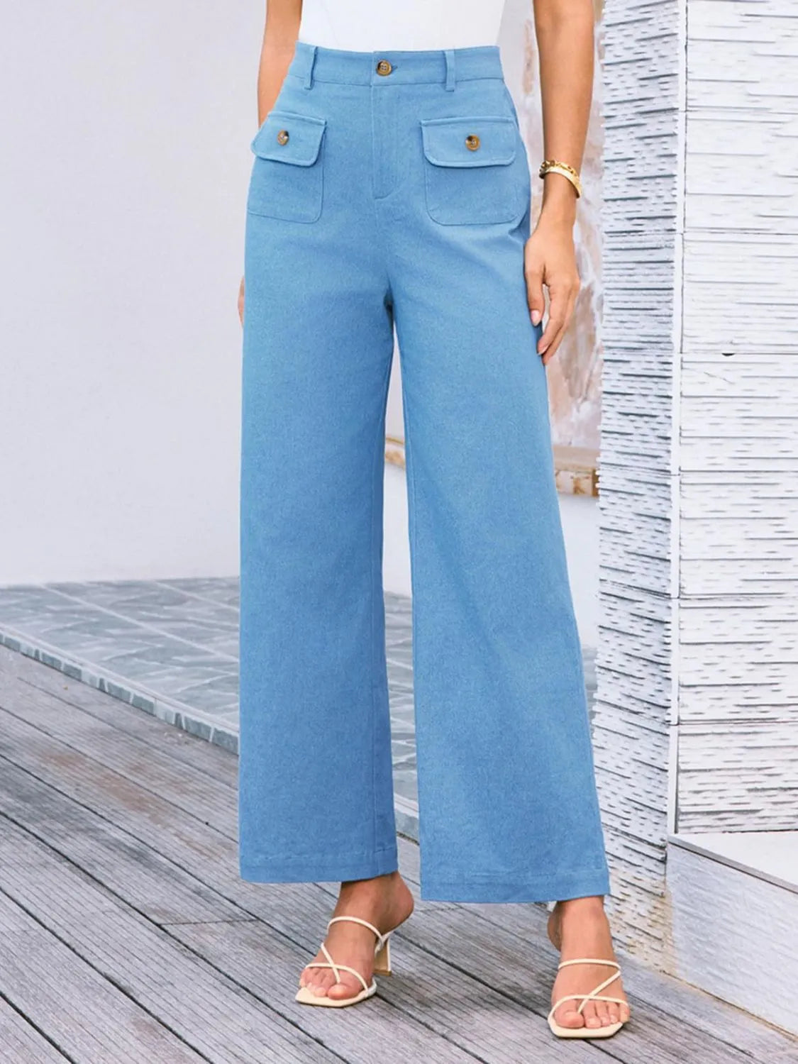 High waist wide leg pants with buttons and pockets.