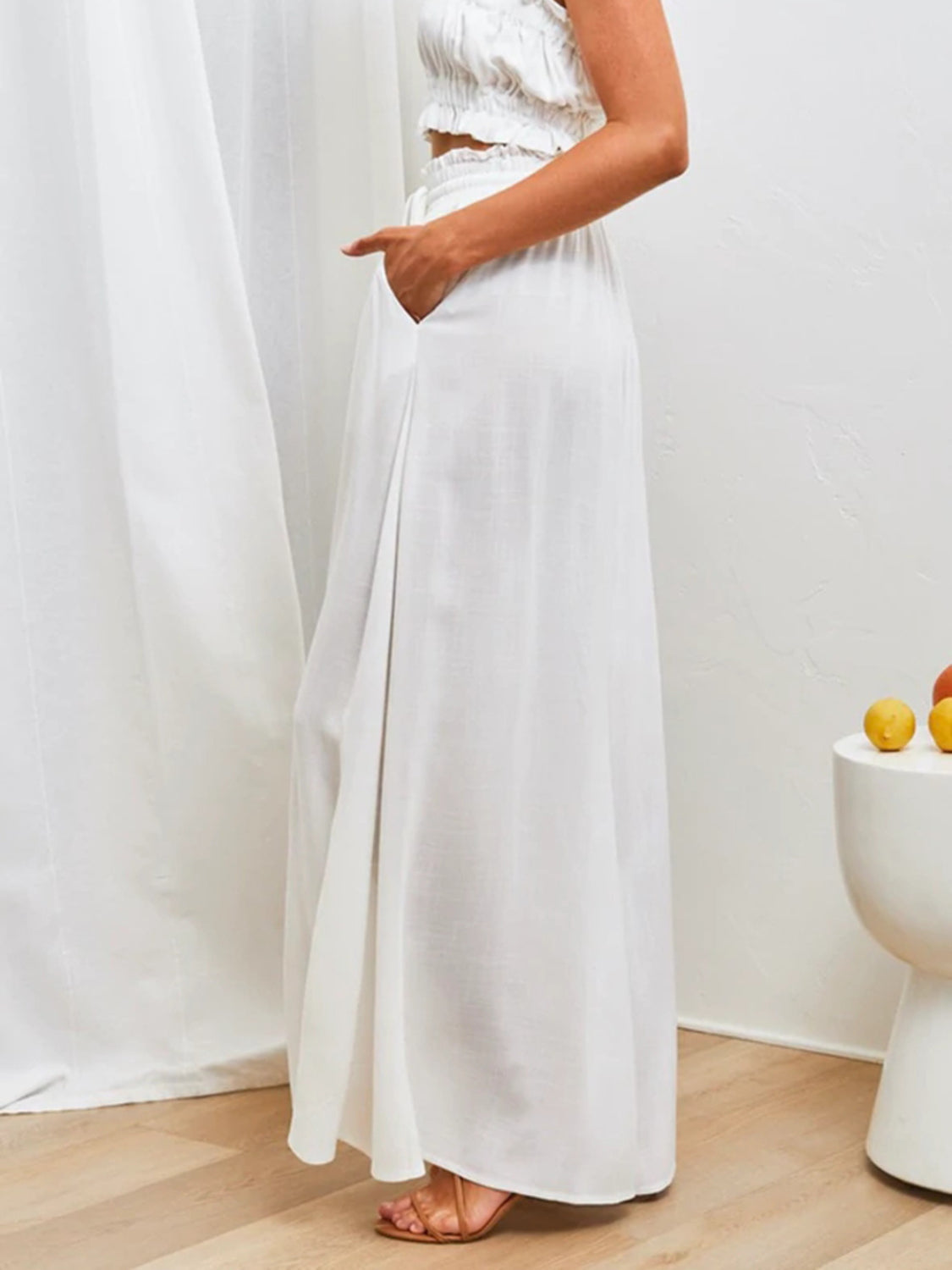 High waist wide leg pants with pockets, opaque.