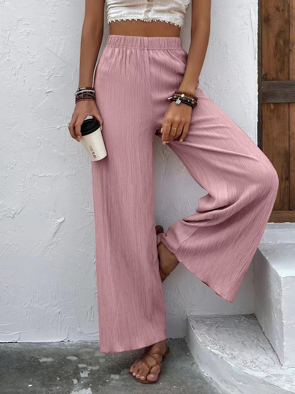 Full size high waist wide leg pants, opaque.
