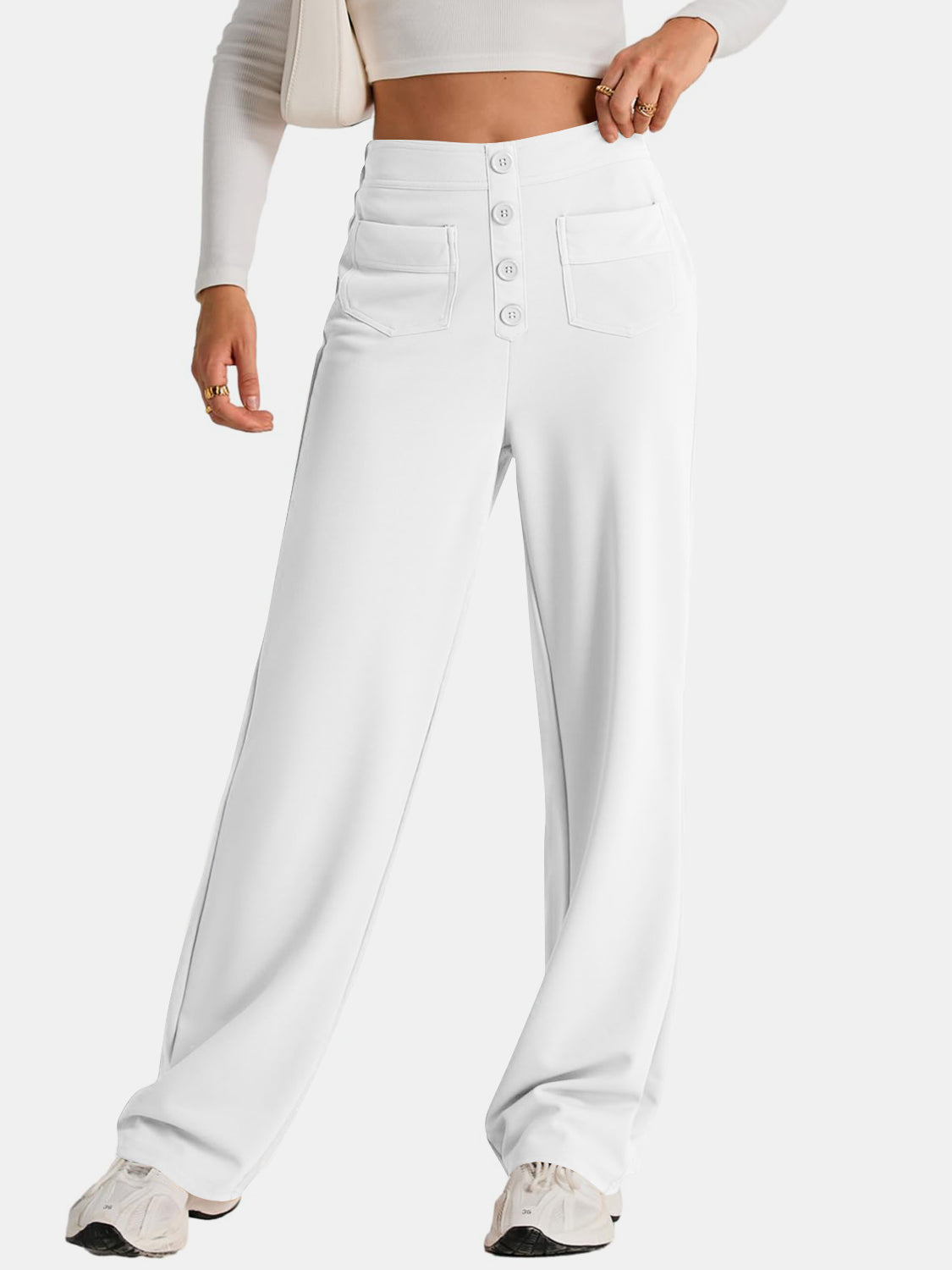 High waist wide leg pants with pockets, opaque.