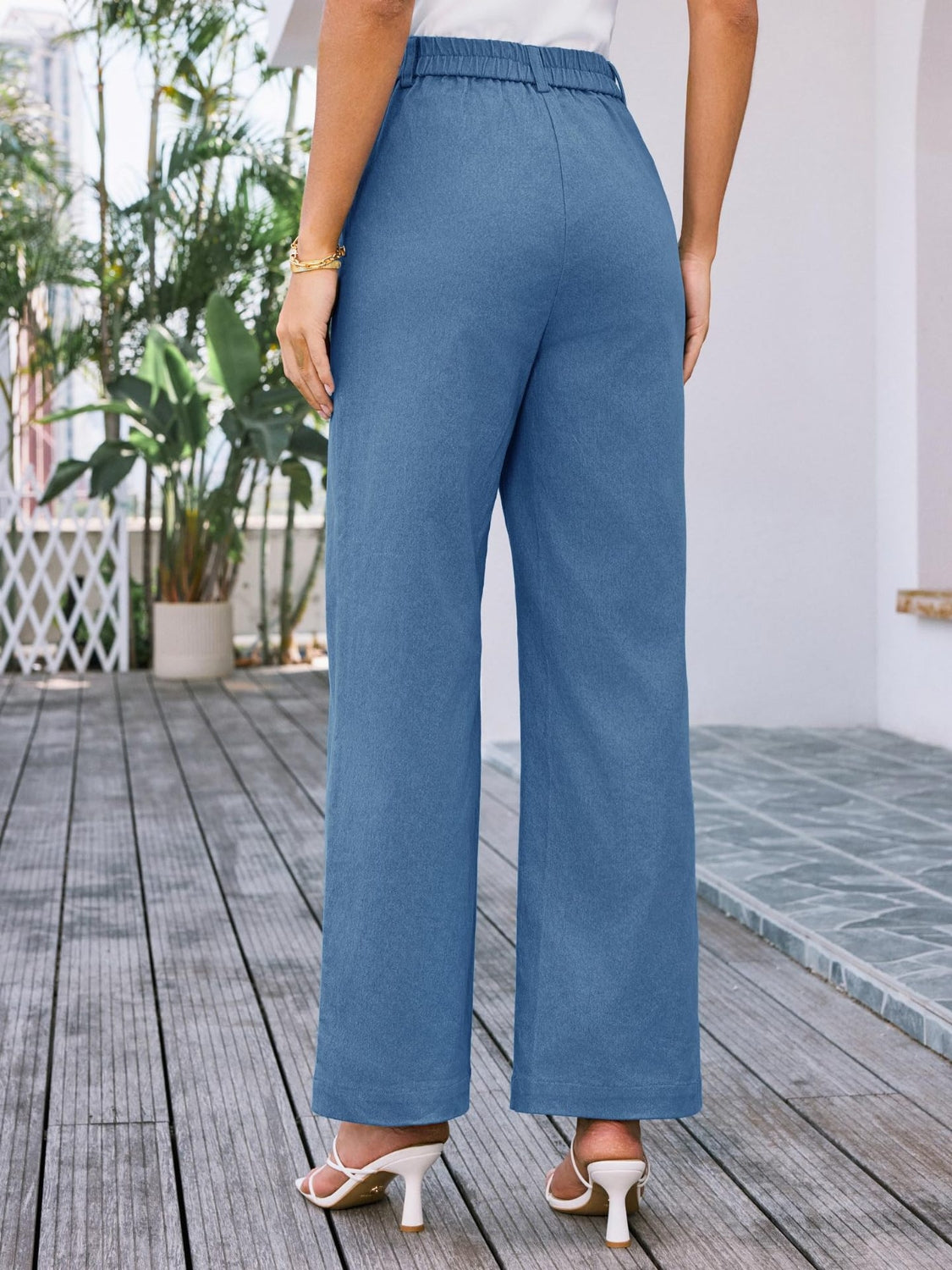 High waist wide leg pants with pockets, opaque.