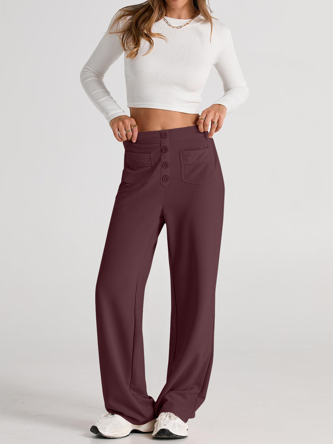 High waist wide leg pants with pockets, opaque.