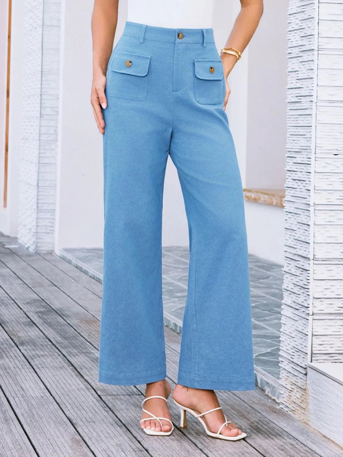 High waist wide leg pants with buttons and pockets.