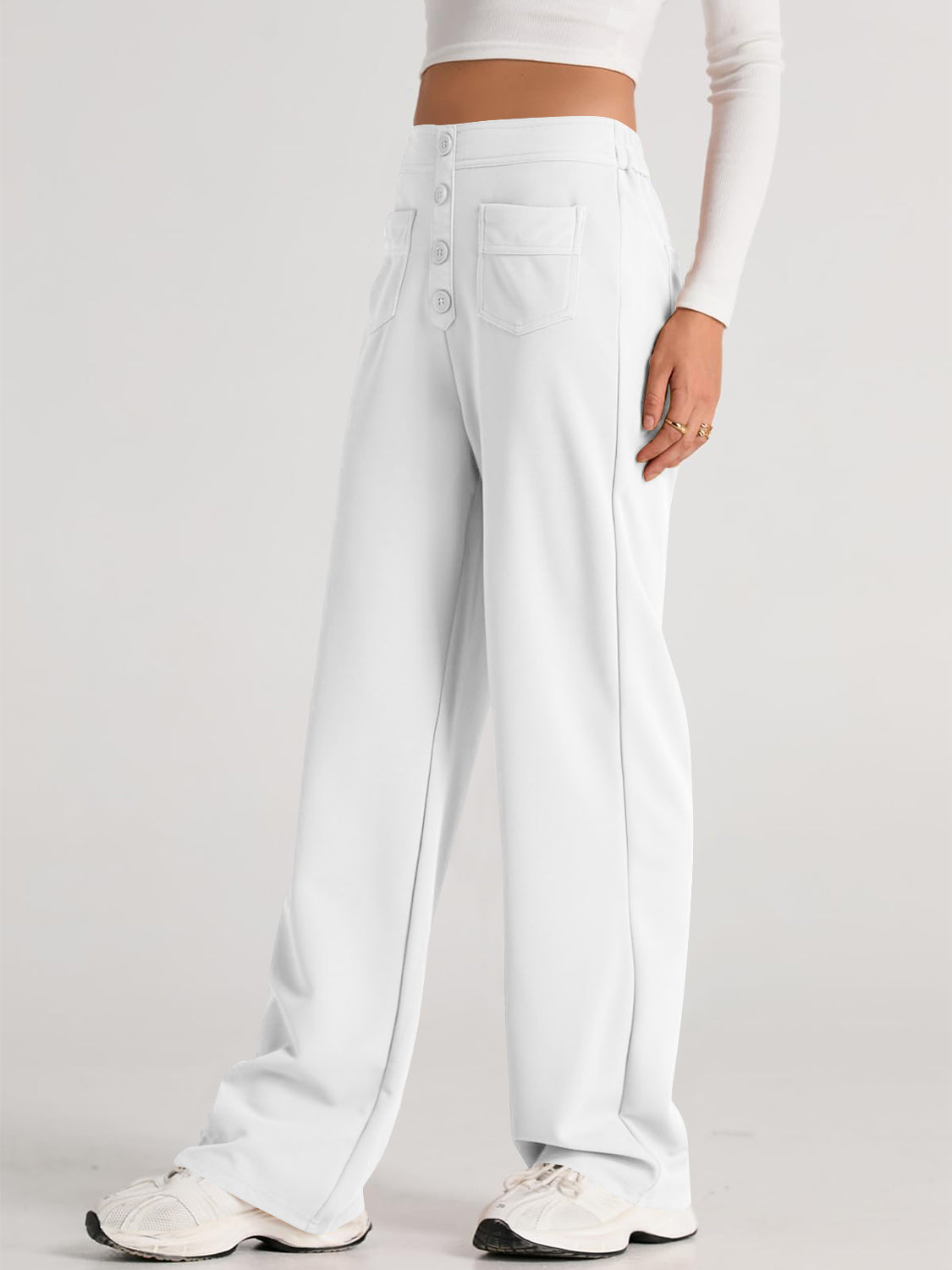 High waist wide leg pants with pockets, opaque.