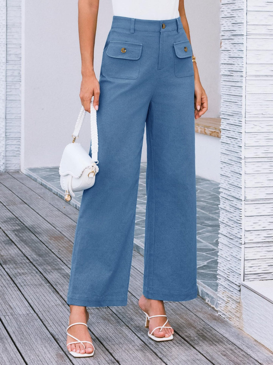 High waist wide leg pants with pockets, opaque.