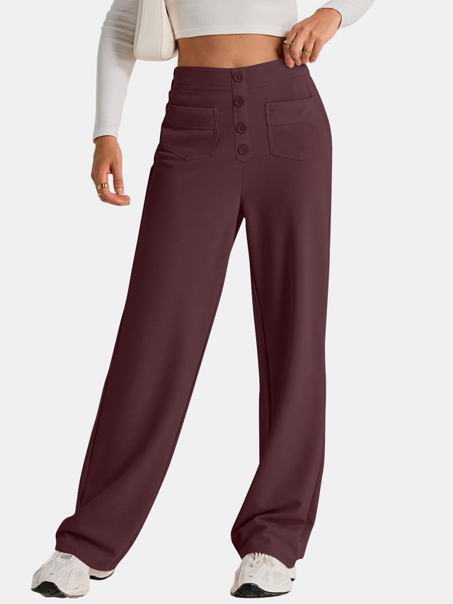 High waist wide leg pants with pockets, opaque.