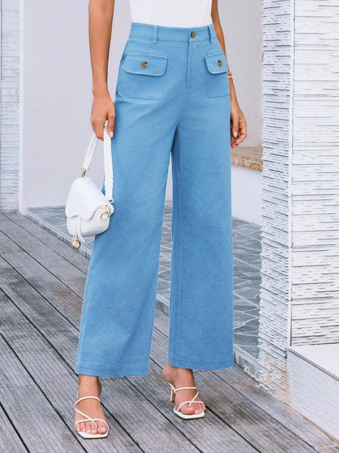 High waist wide leg pants with buttons and pockets.