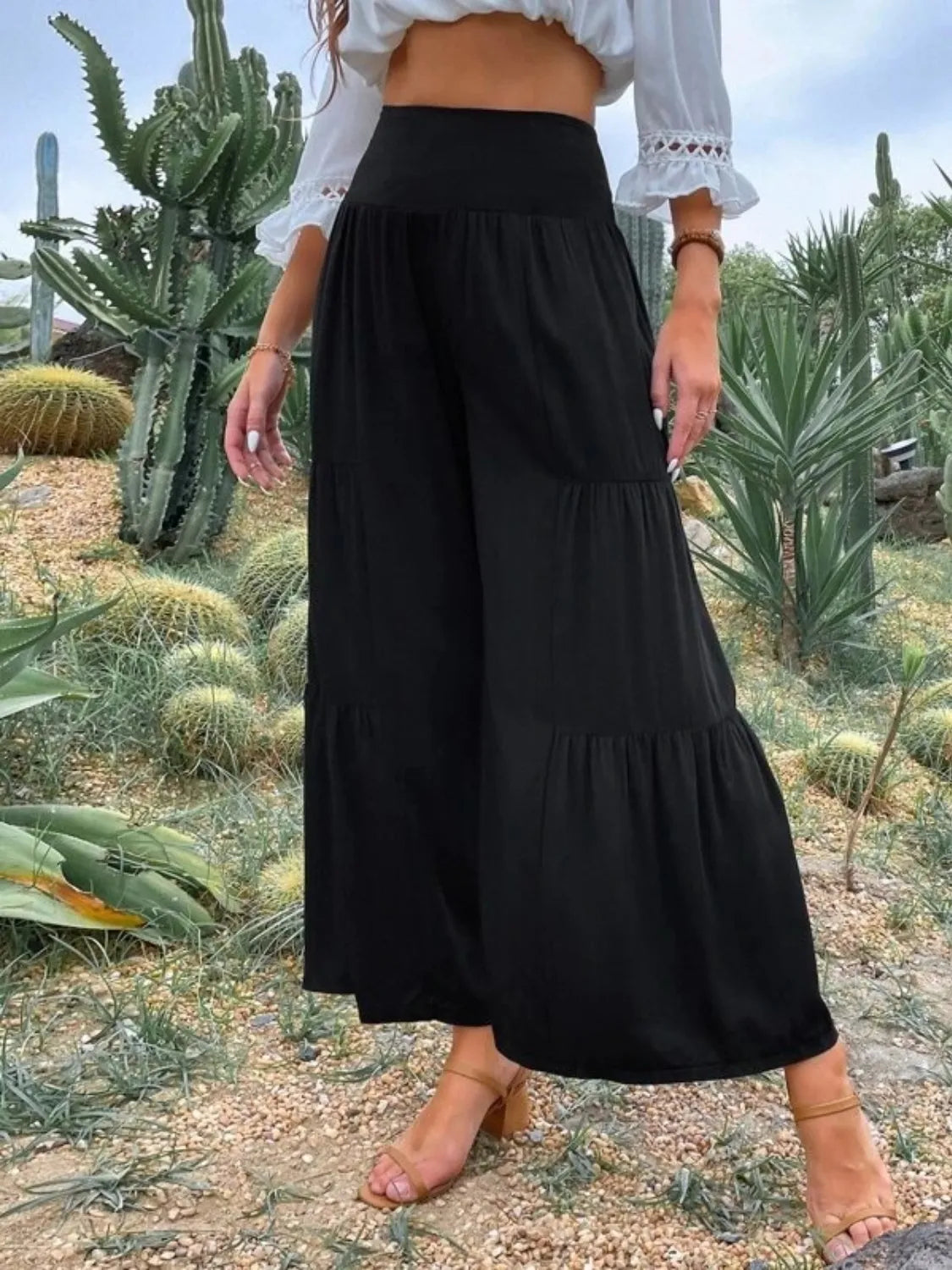 High waist wide leg pants with tiers.