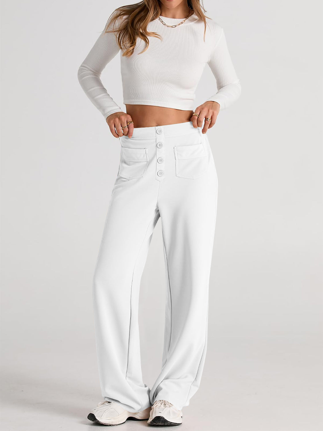 High waist wide leg pants with pockets, opaque.