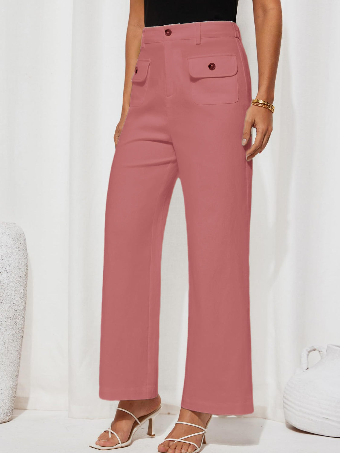 High waist wide leg pants with pockets, opaque.