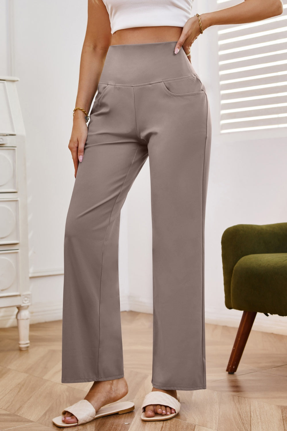 High waist wide leg pants with pockets, opaque.