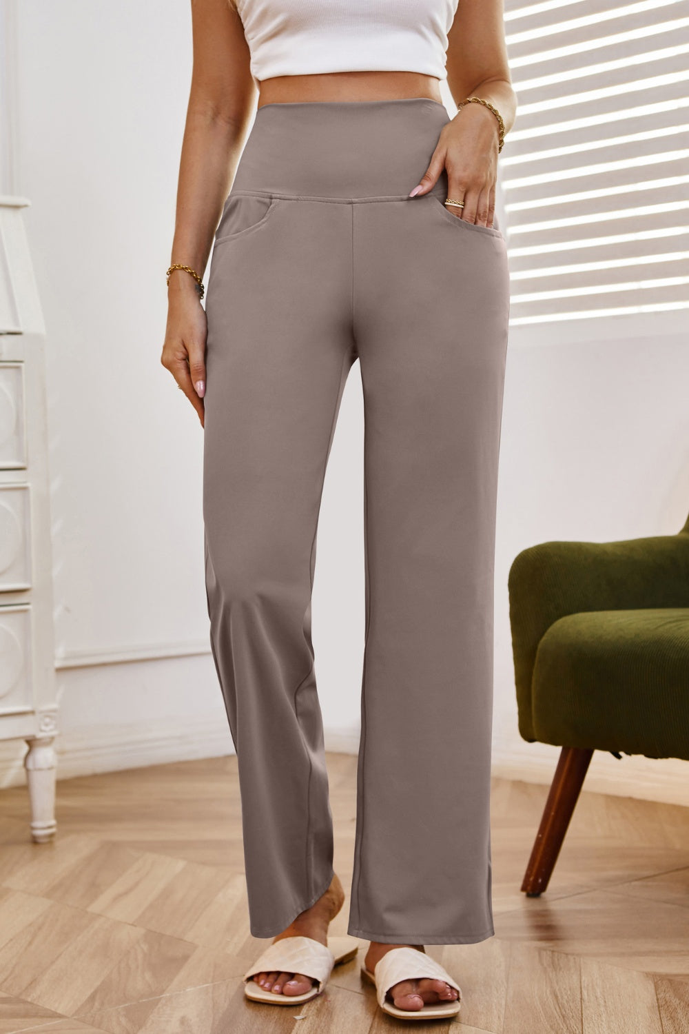 High waist wide leg pants with pockets, opaque.