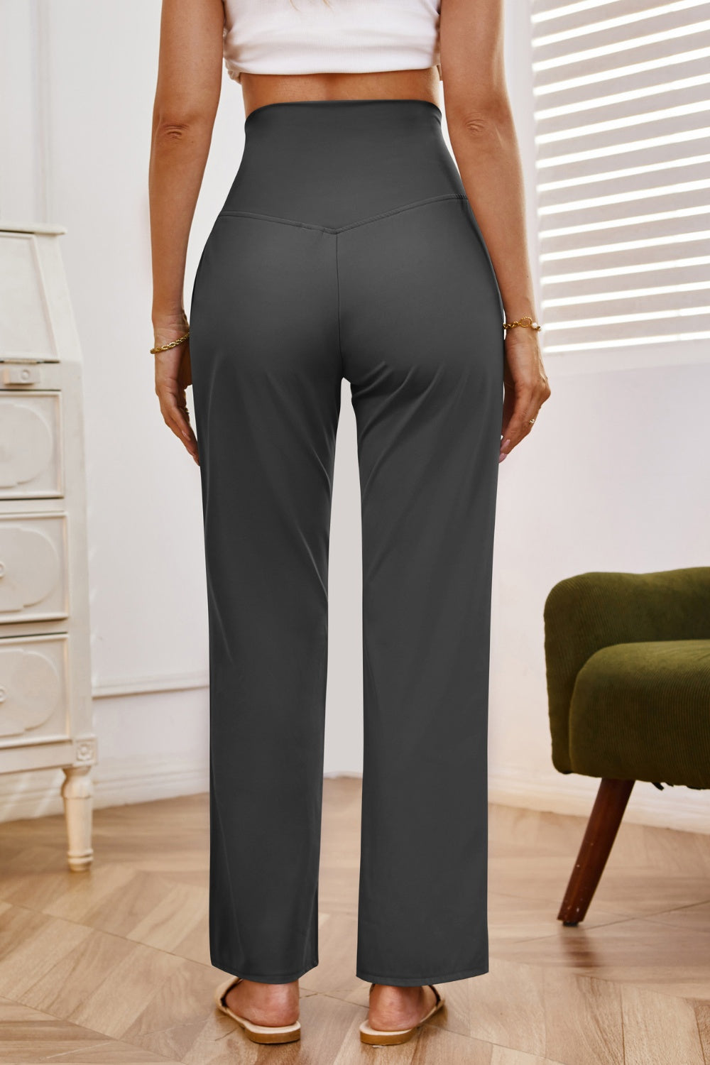 High waist wide leg pants with pockets, opaque.