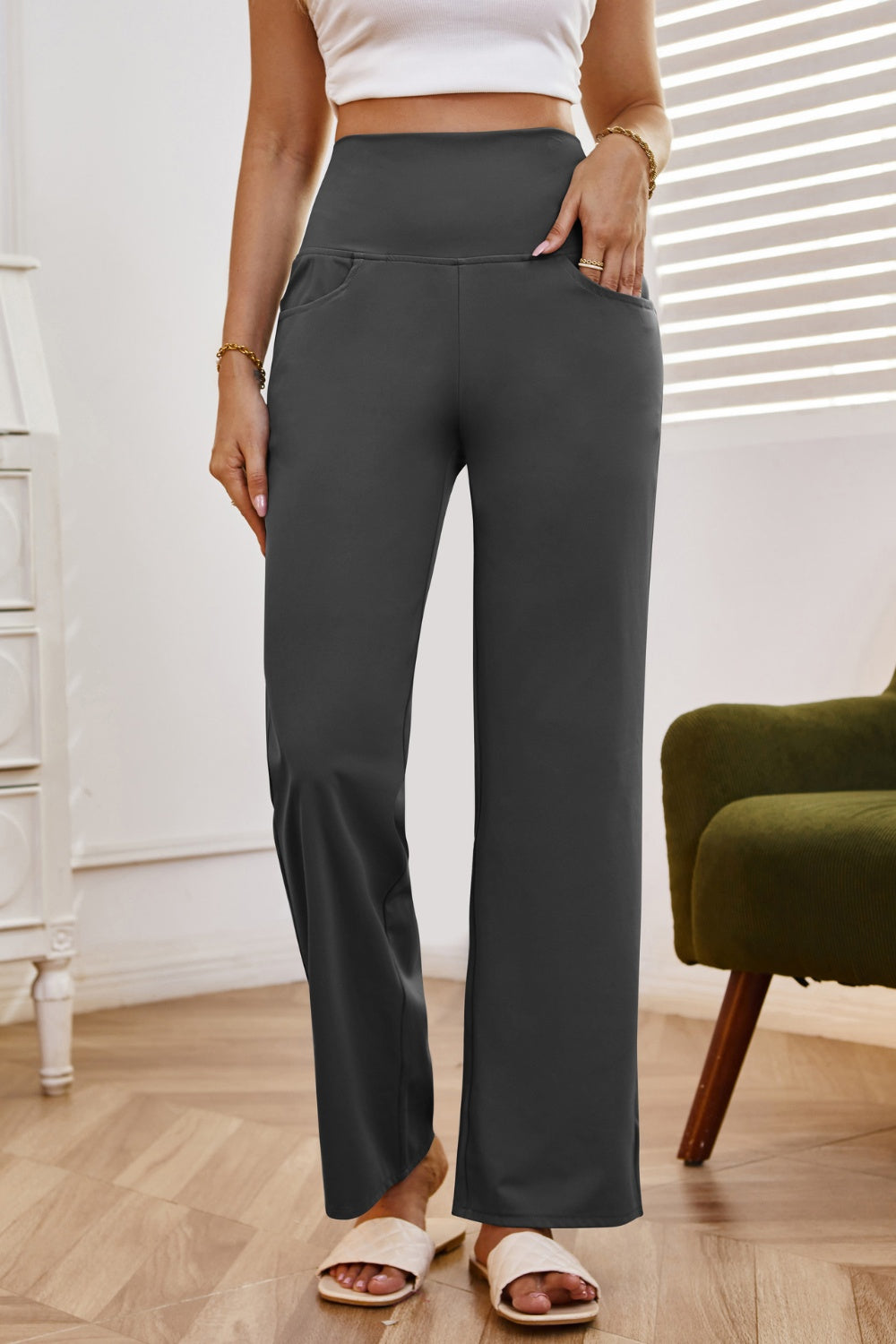 High waist wide leg pants with pockets, opaque.