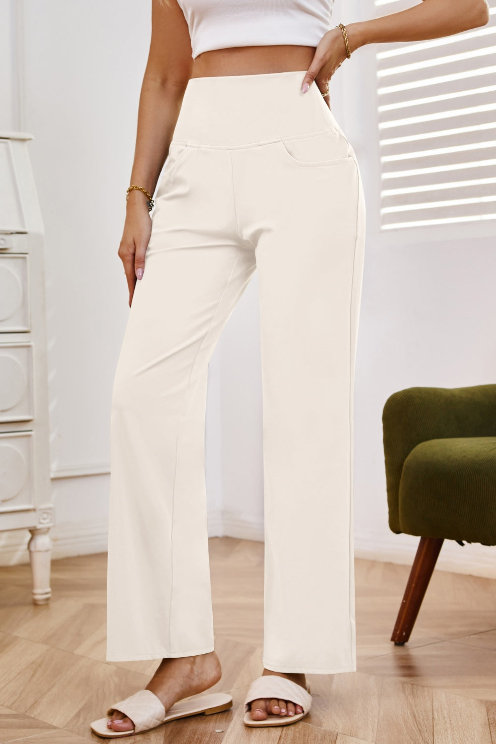 High waist wide leg pants with pockets, opaque.