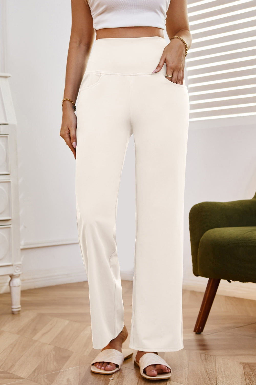 High waist wide leg pants with pockets, opaque.