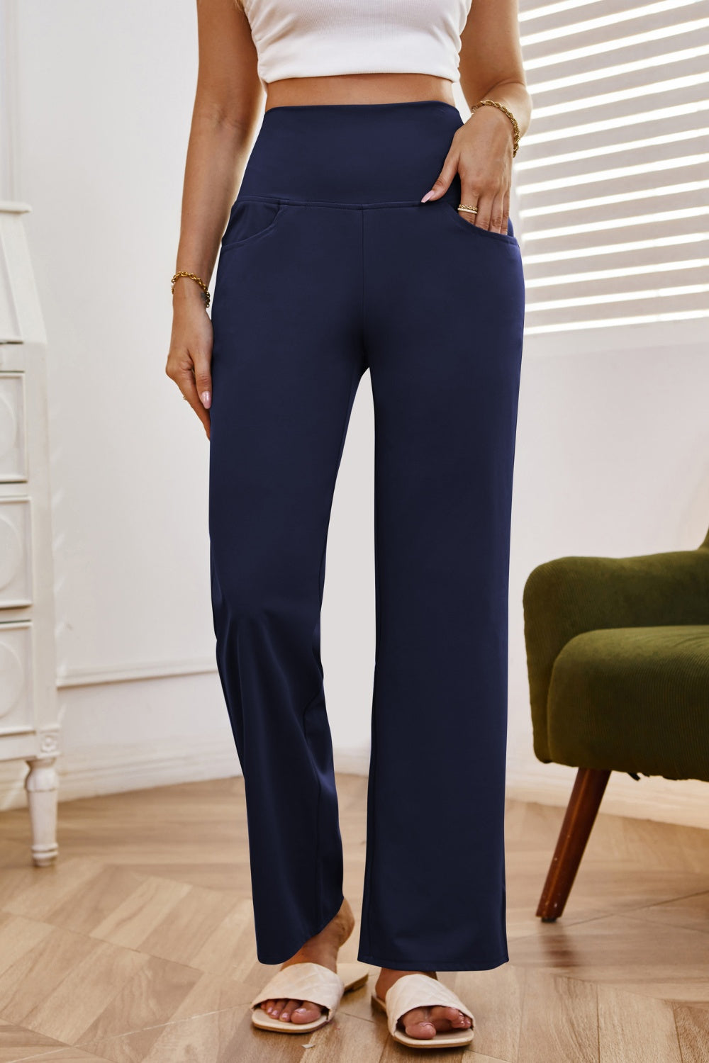 High waist wide leg pants with pockets, opaque.