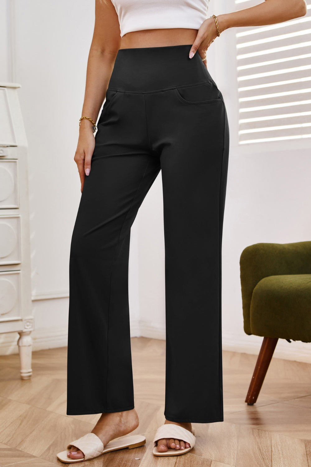 High waist wide leg pants with pockets, opaque.