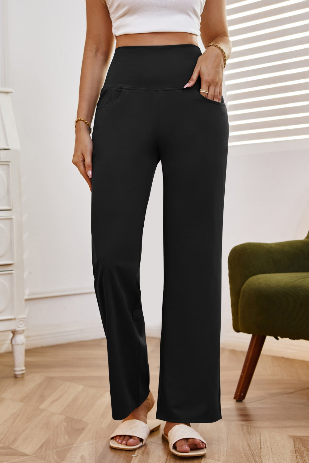 High waist wide leg pants with pockets, opaque.