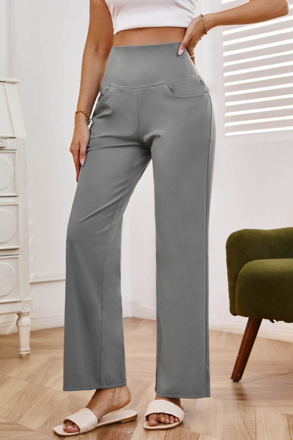 High waist wide leg pants with pockets, opaque.