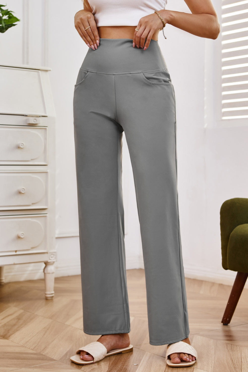 High waist wide leg pants with pockets, opaque.