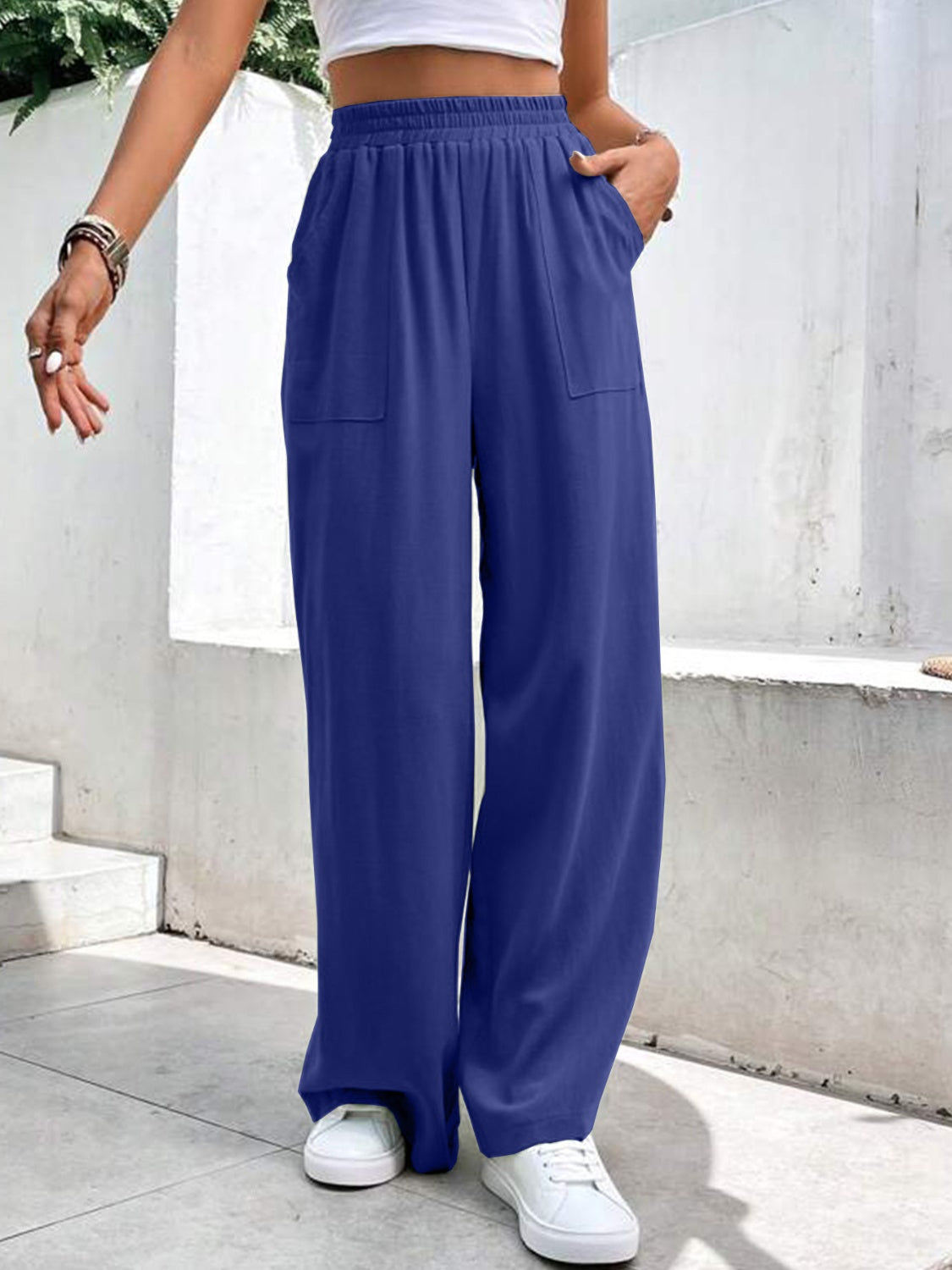 High waist wide leg pants with pockets, opaque.