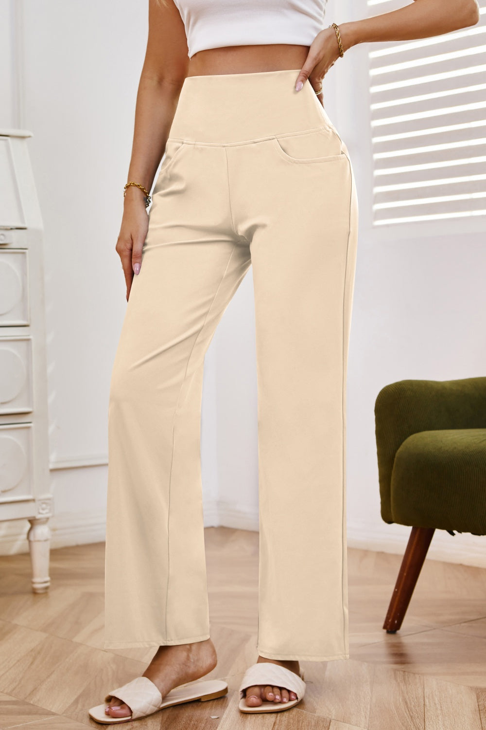 High waist wide leg pants with pockets, opaque.