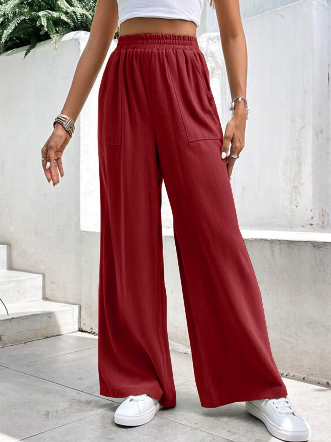 High waist wide leg pants with pockets, opaque.