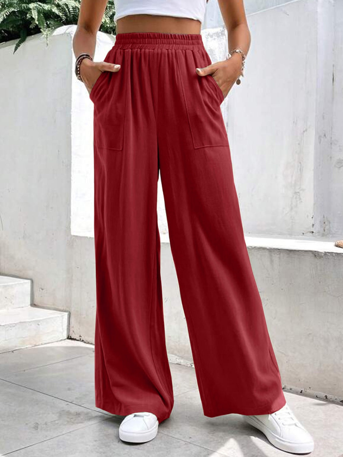 High waist wide leg pants with pockets, opaque.