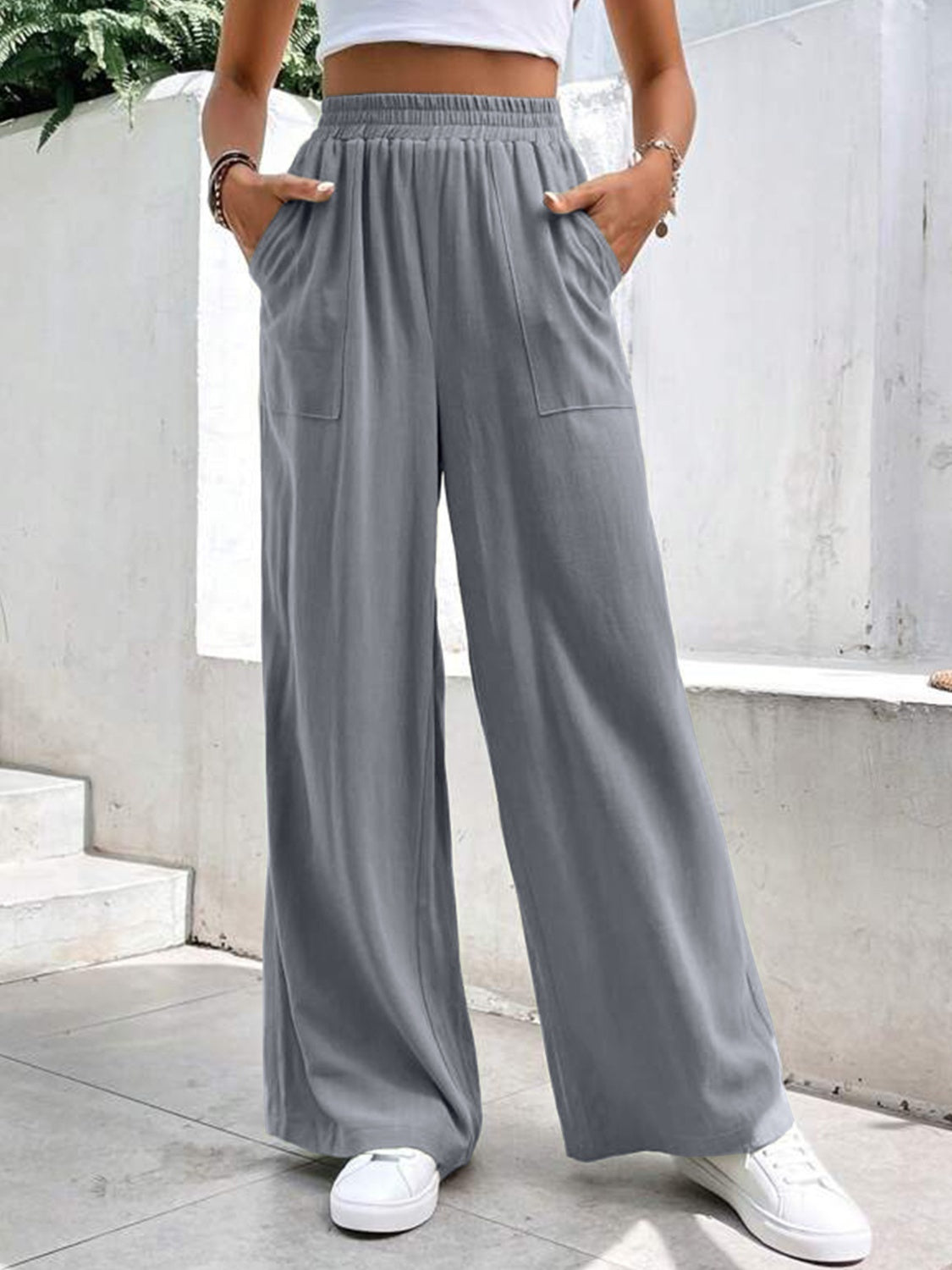High waist wide leg pants with pockets, opaque.
