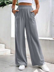 High waist wide leg pants with pockets, opaque.