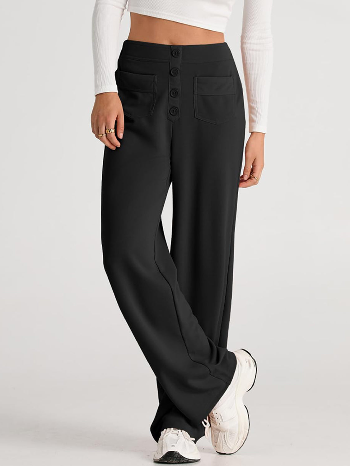 High waist wide leg pants with pockets, opaque.
