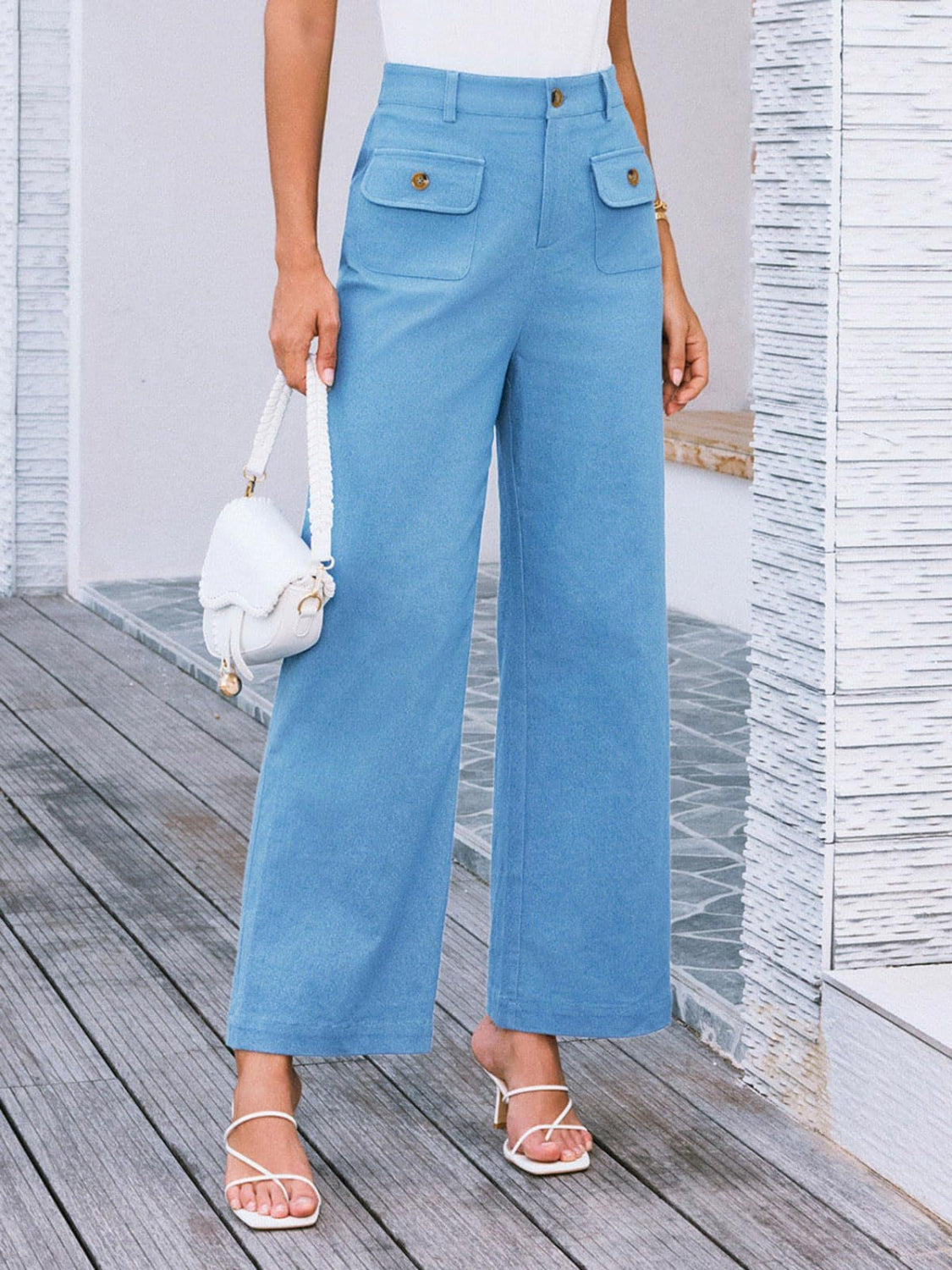 High waist wide leg pants with pockets, opaque.