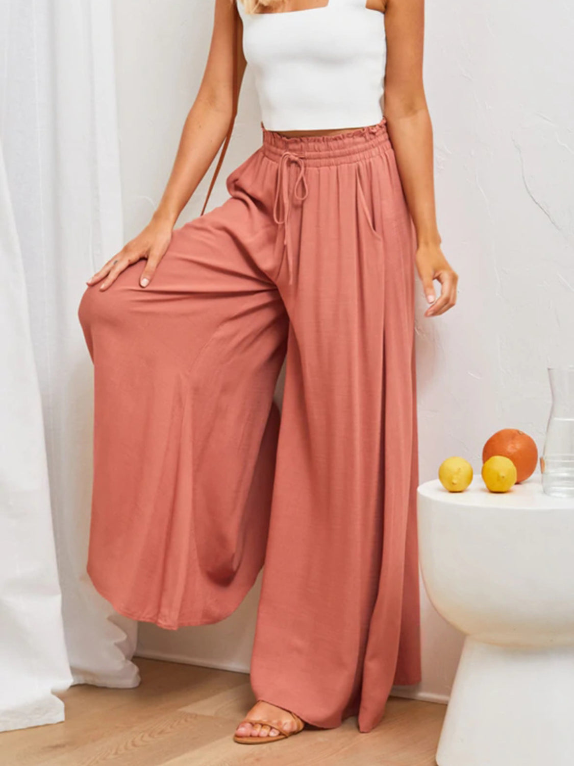 High waist wide leg pants with pockets, opaque.