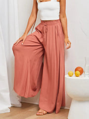 High waist wide leg pants with pockets, opaque.