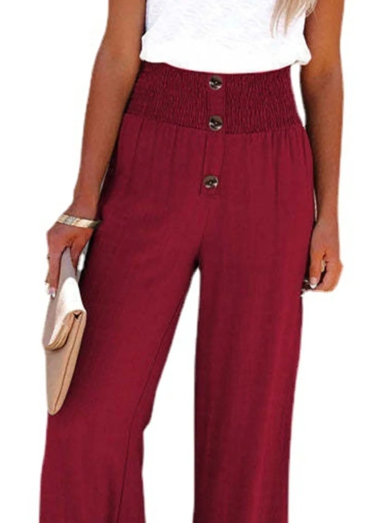 High-waisted textured wide leg pants plus size with decorative buttons.