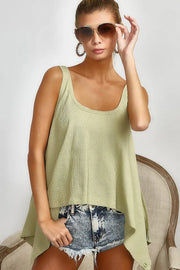 High and low flare knit tank top with oversized asymmetrical design, slightly stretchy.