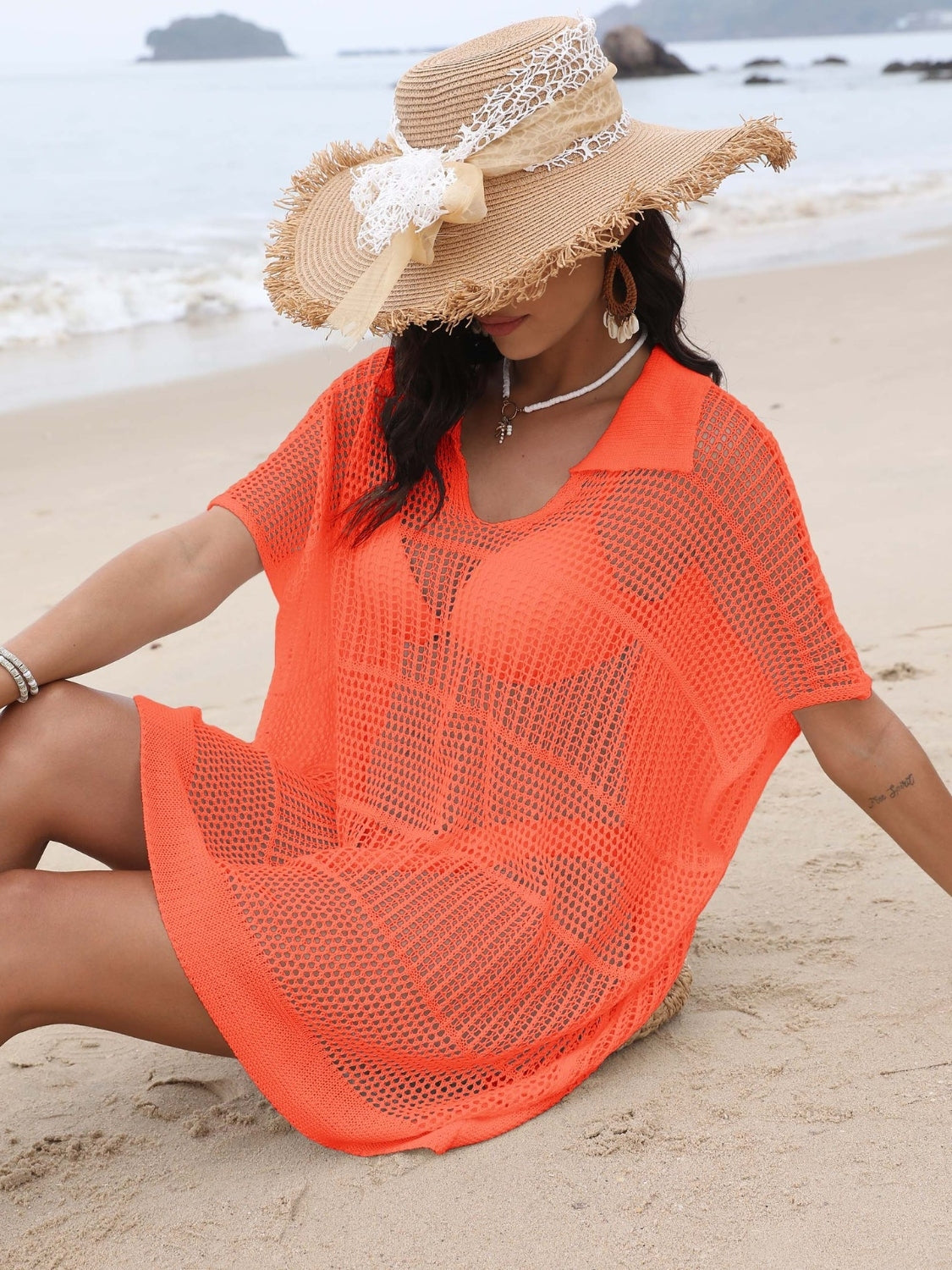 Hollow Out Collared Neck Cover-Up.