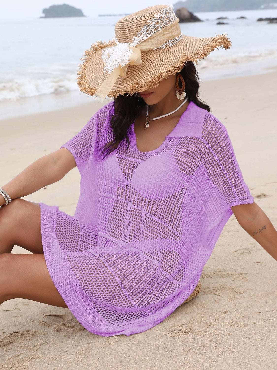 Hollow Out Collared Neck Cover-Up.