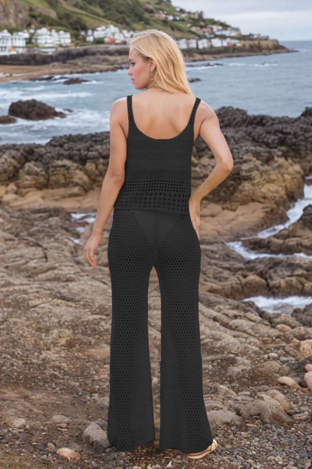 Hollow Out Round Neck Top and Pants Sweater Cover Up Set.