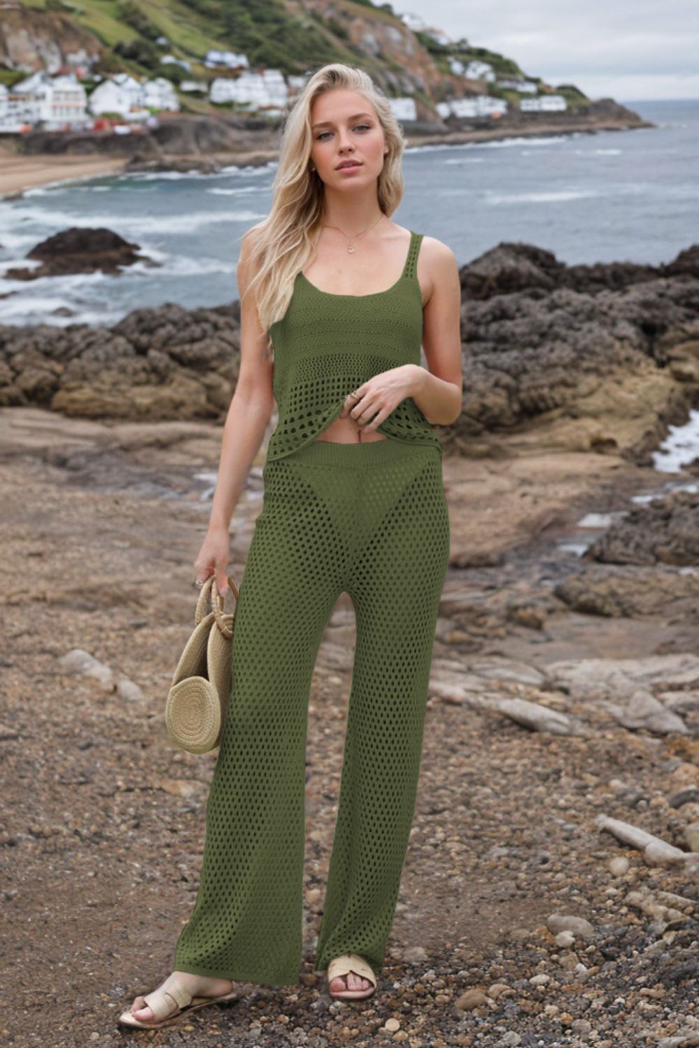 Hollow Out Round Neck Top and Pants Sweater Cover Up Set.