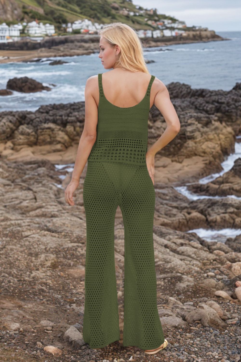 Hollow Out Round Neck Top and Pants Sweater Cover Up Set.